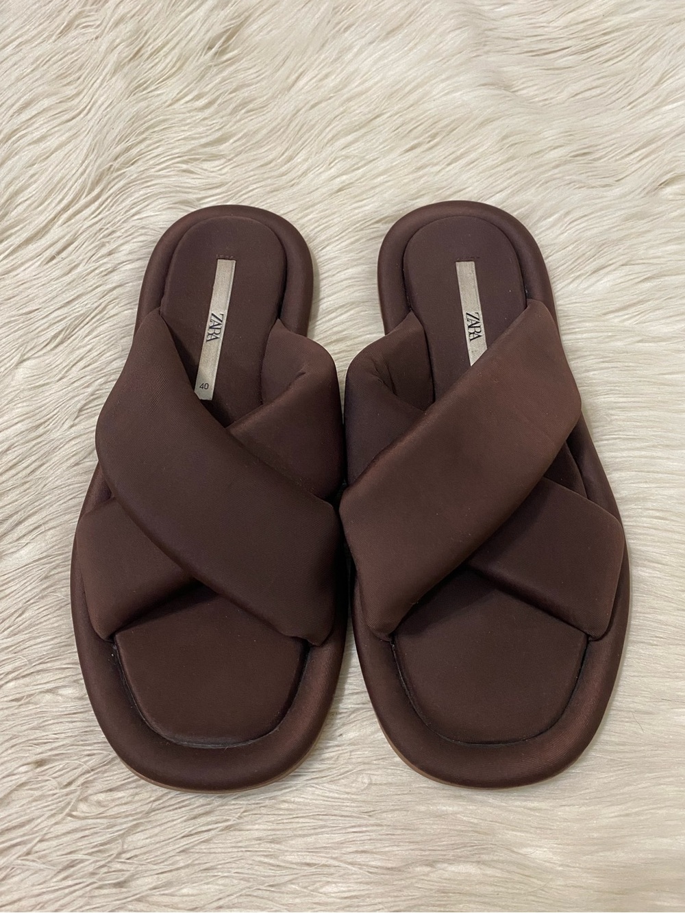 Zara Puffy Slip On Crisscross Sandals Dark Chocolate Brown Square Toe 40 US 9 - Picture 4 of 11